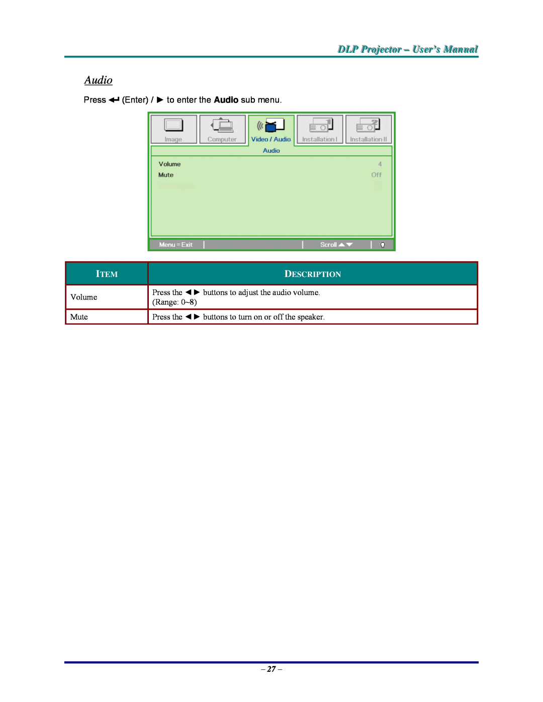 Vivitek DP825MS, D825MS DLP Projjecttor - User’s Manuall, Press Enter / to enter the Audio sub menu, Description 