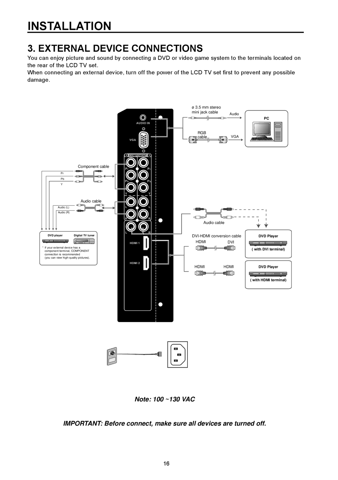 Vivitek DVD Combo manual External Device Connections, Component cable Audio cable 