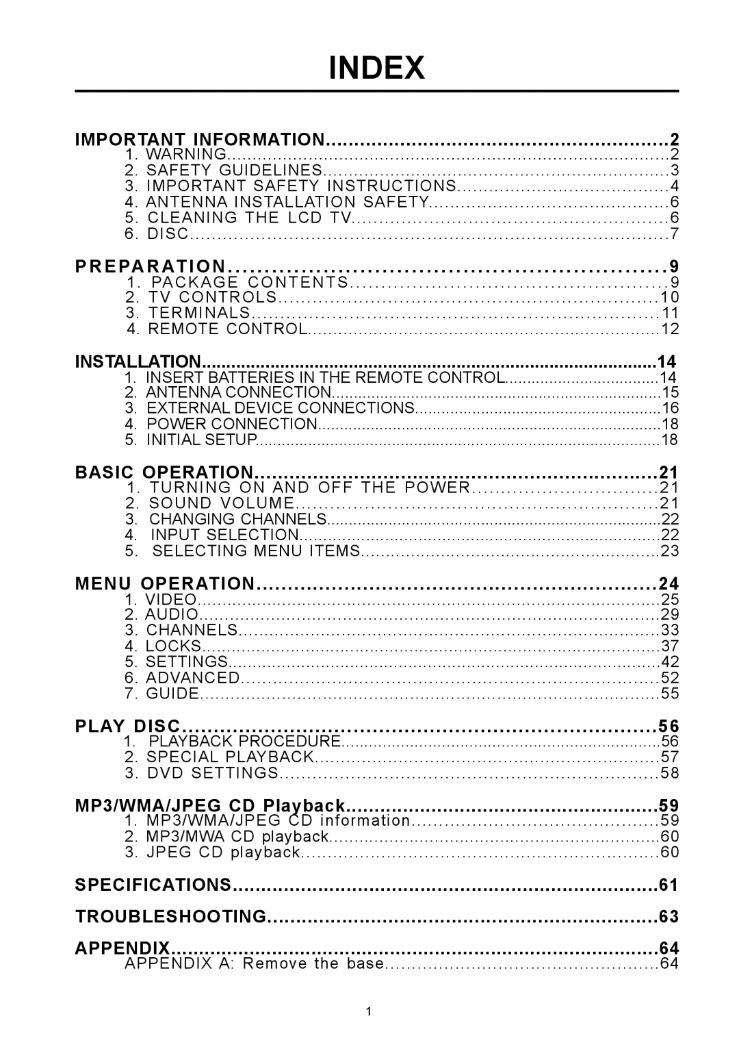 Vivitek DVD Combo manual Index 