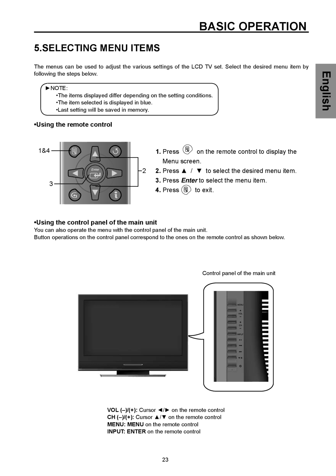 Vivitek DVD Combo manual Selecting Menu Items, Using the remote control, Using the control panel of the main unit 