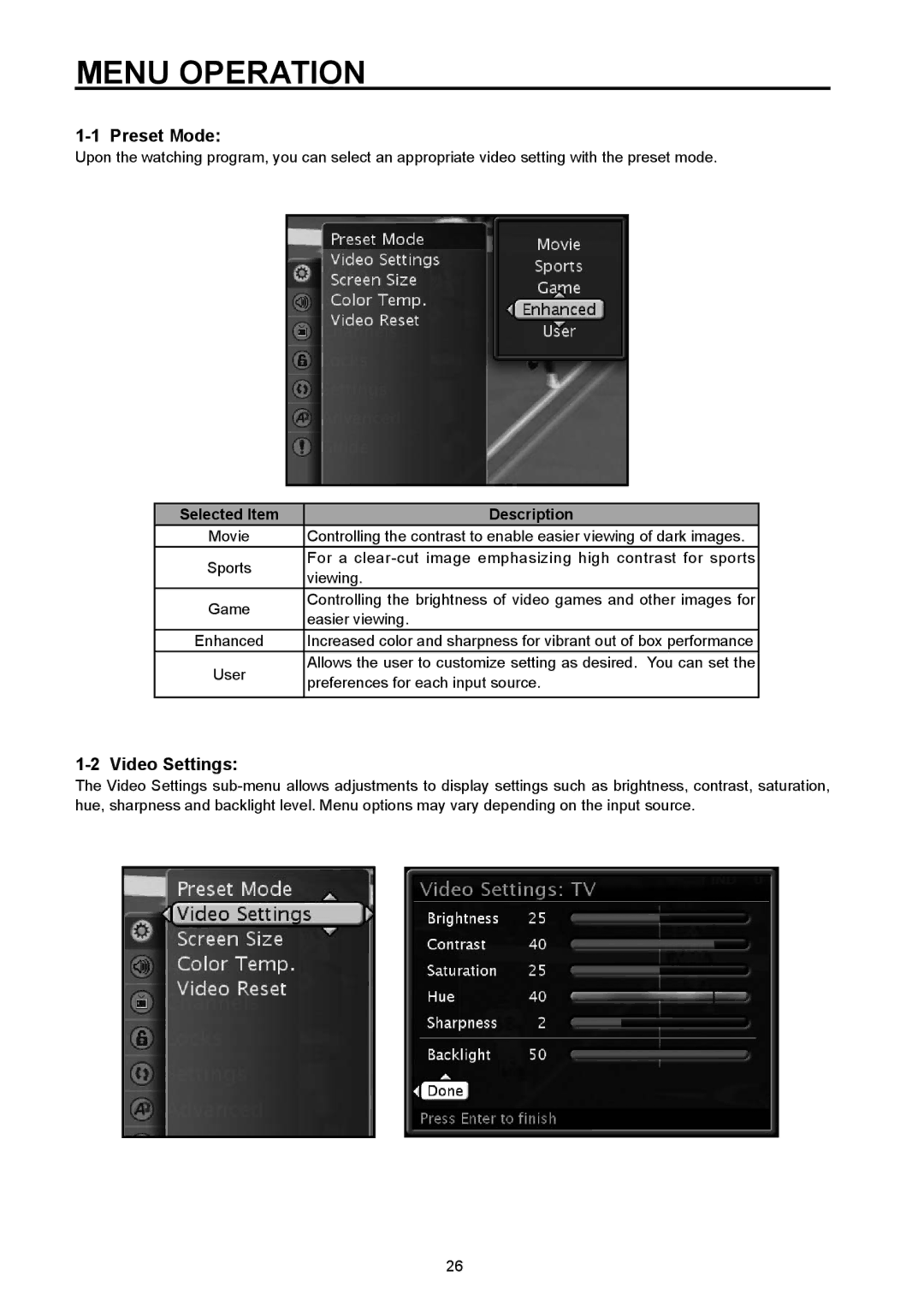 Vivitek DVD Combo manual Preset Mode, Video Settings 