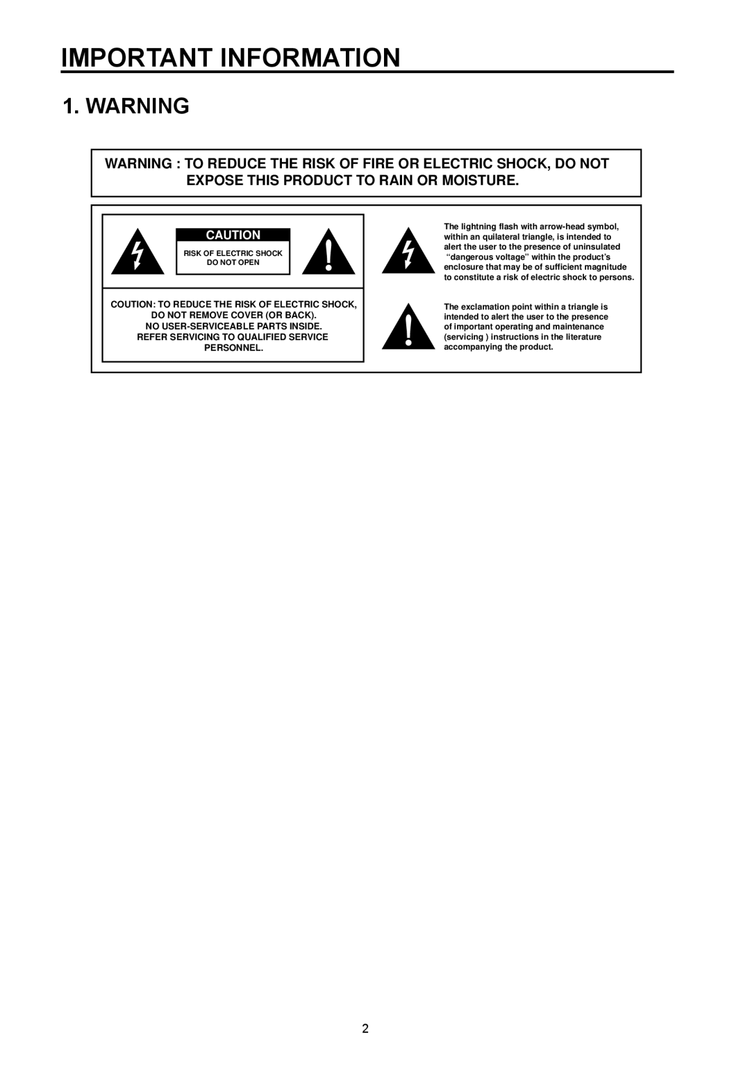 Vivitek DVD Combo manual Important Information, Expose this Product to Rain or Moisture 