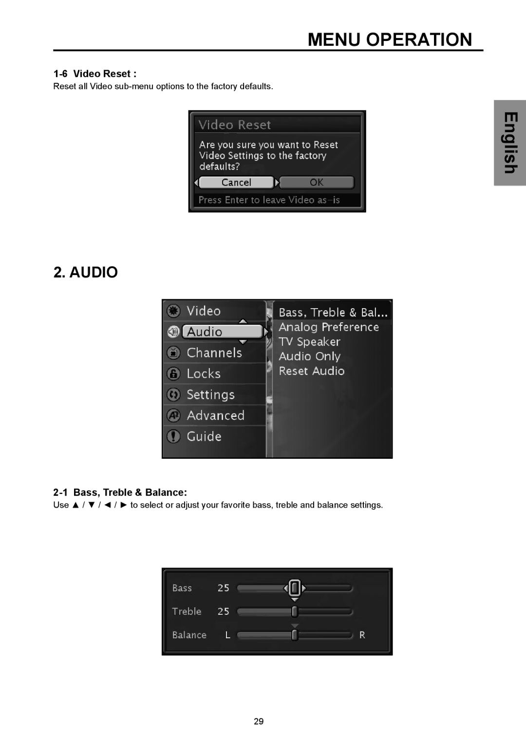 Vivitek DVD Combo manual Audio, Video Reset, Bass, Treble & Balance 