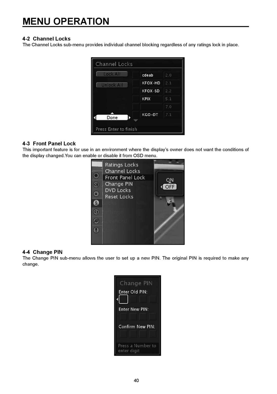 Vivitek DVD Combo manual Channel Locks, Front Panel Lock, Change PIN 