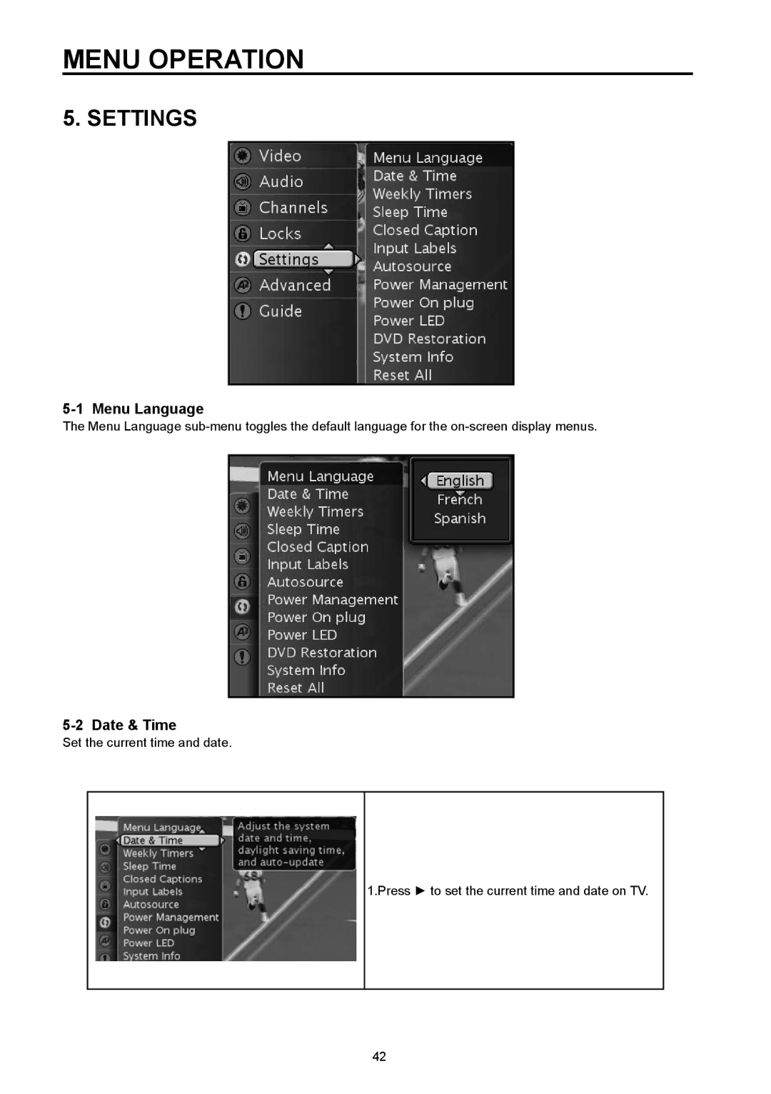 Vivitek DVD Combo manual Settings, Menu Language, Date & Time 