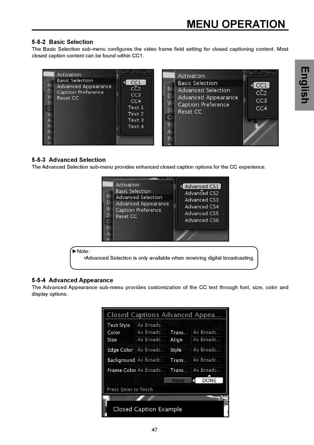 Vivitek DVD Combo manual Basic Selection, Advanced Selection, Advanced Appearance 