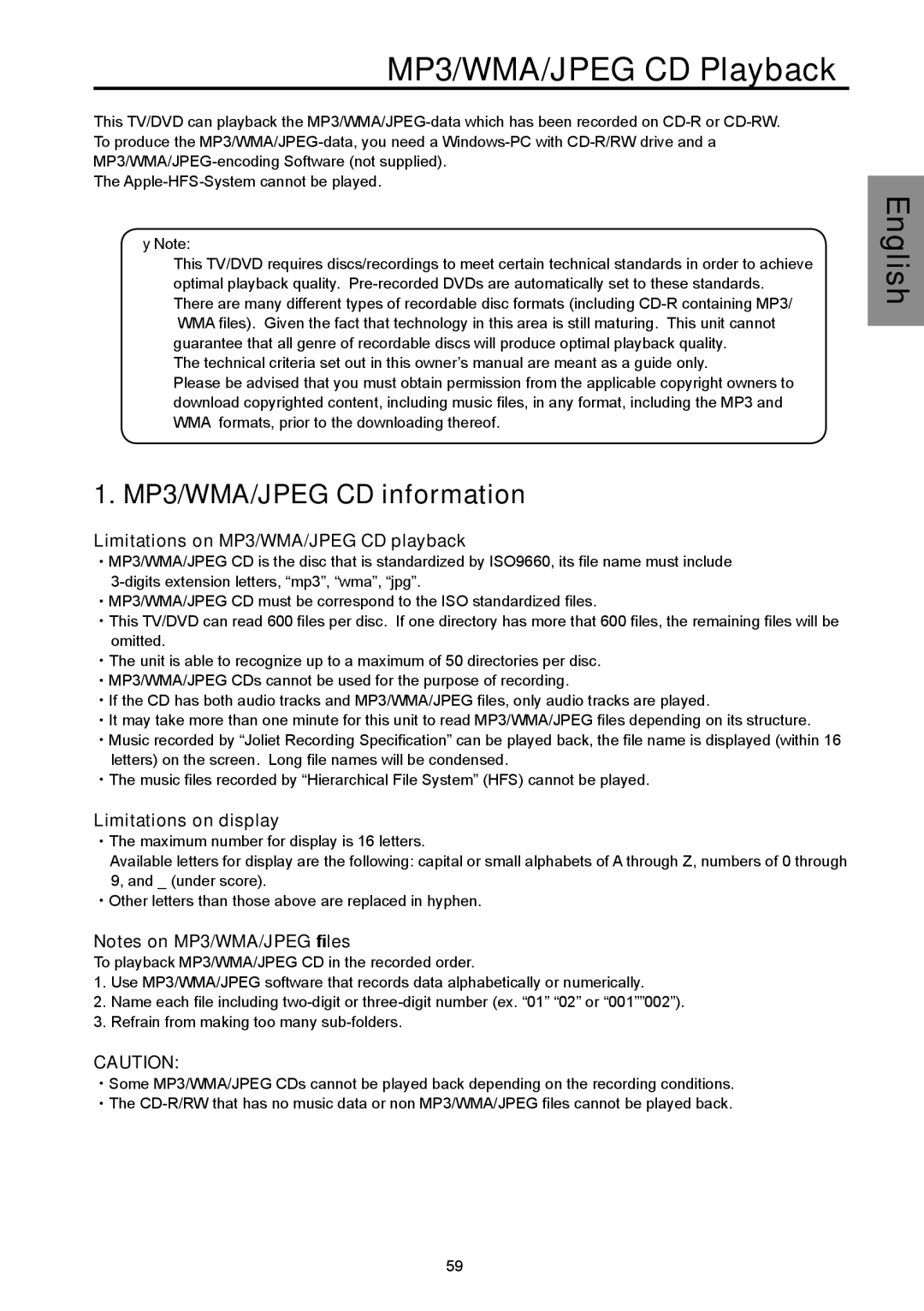 Vivitek DVD Combo manual Limitations on MP3/WMA/JPEG CD playback, Limitations on display 