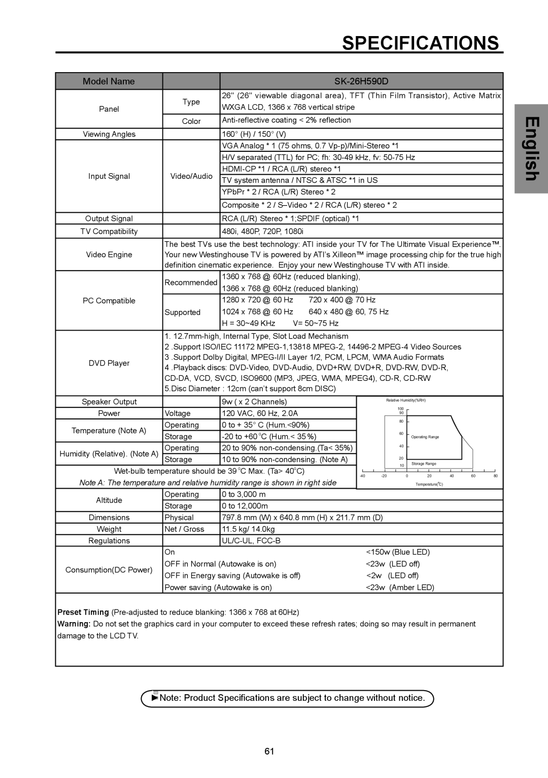 Vivitek DVD Combo manual Specifications, Model Name SK-26H590D 