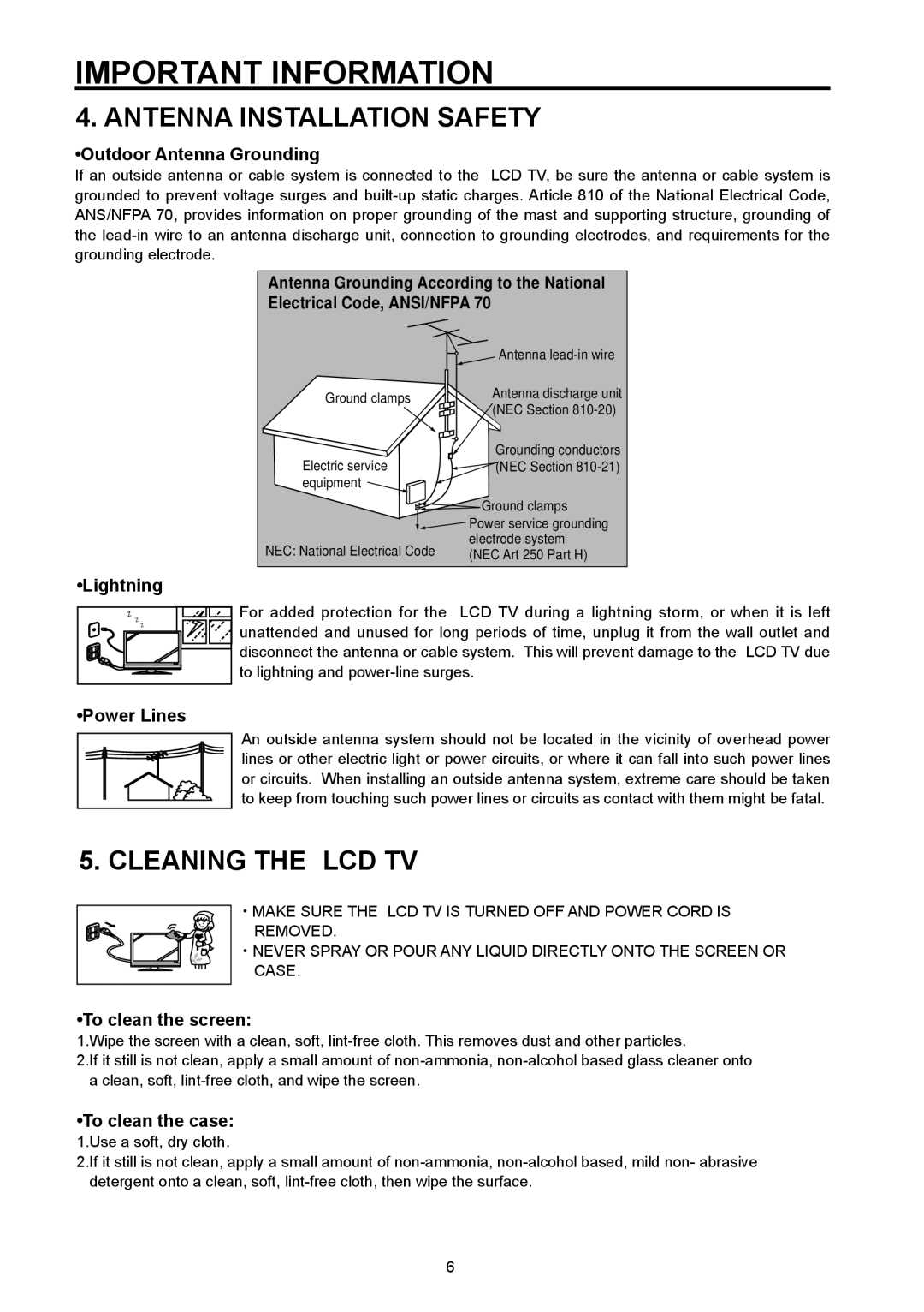 Vivitek DVD Combo manual Antenna Installation Safety, Cleaning the LCD TV 