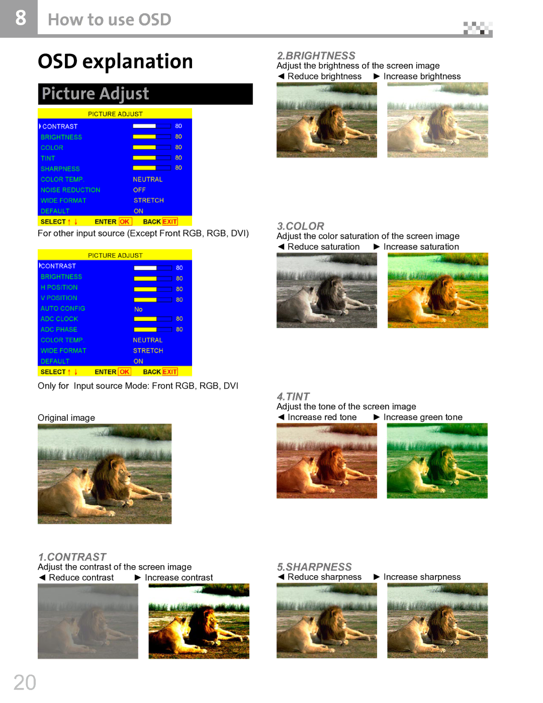 Vivitek DVR5612 manual OSD explanation, Brightness, Color, Tint, Contrast Sharpness 