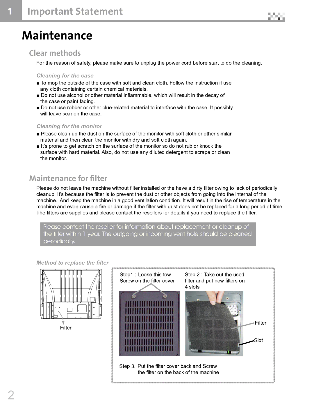 Vivitek DVR5612 manual Important Statement, Clear methods, Maintenance for filter 