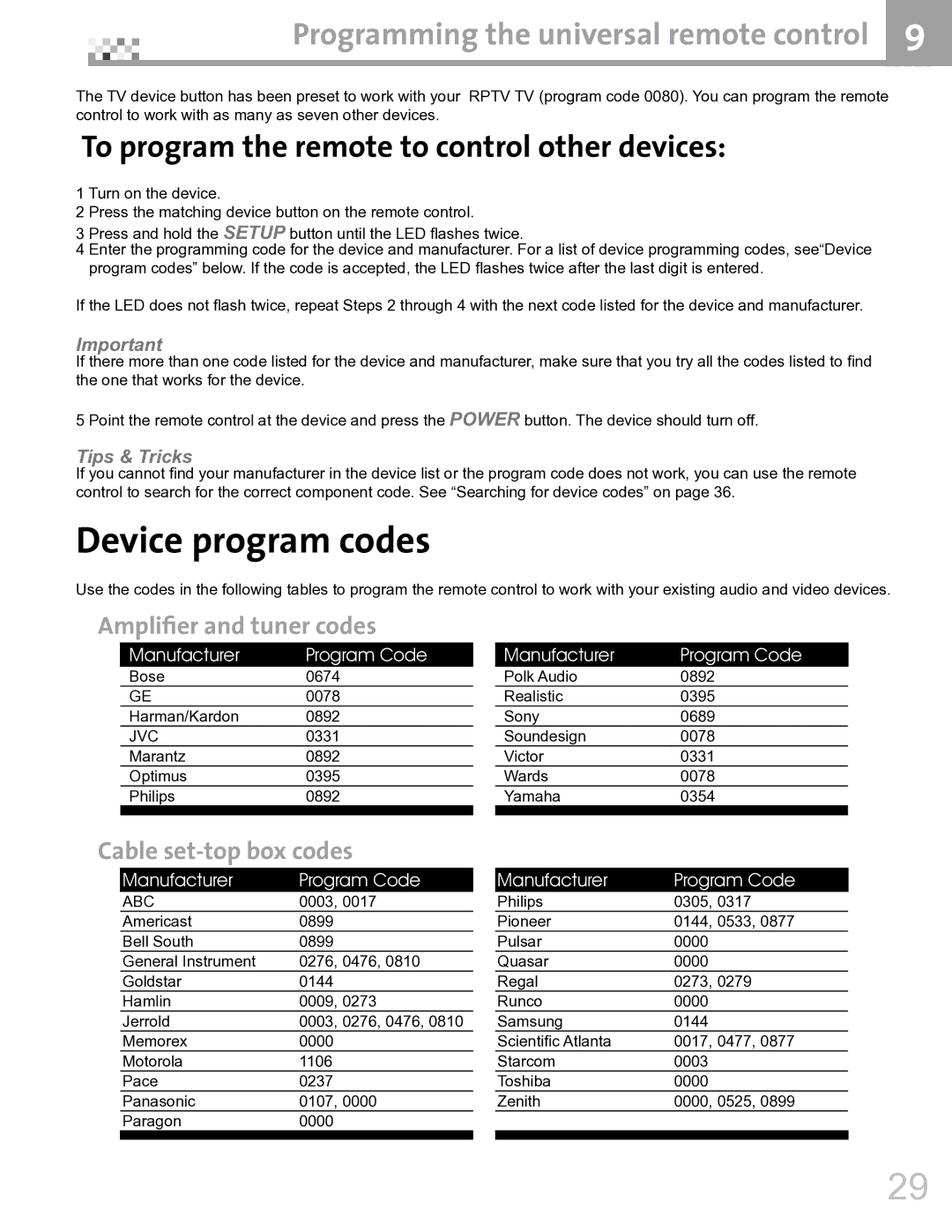 Vivitek DVR5612 manual Device program codes, Programming the universal remote control, Amplifier and tuner codes 