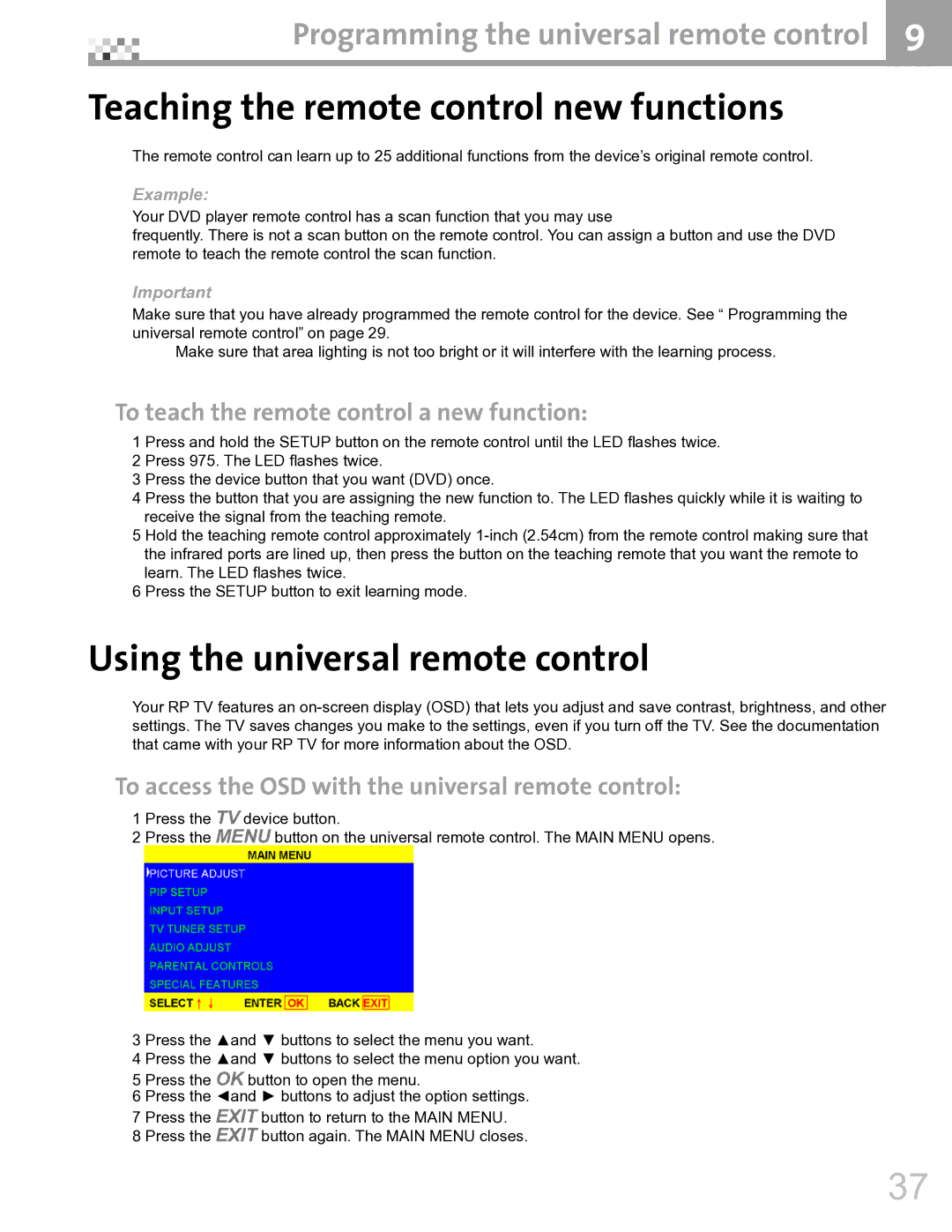 Vivitek DVR5612 manual Teaching the remote control new functions, Using the universal remote control 