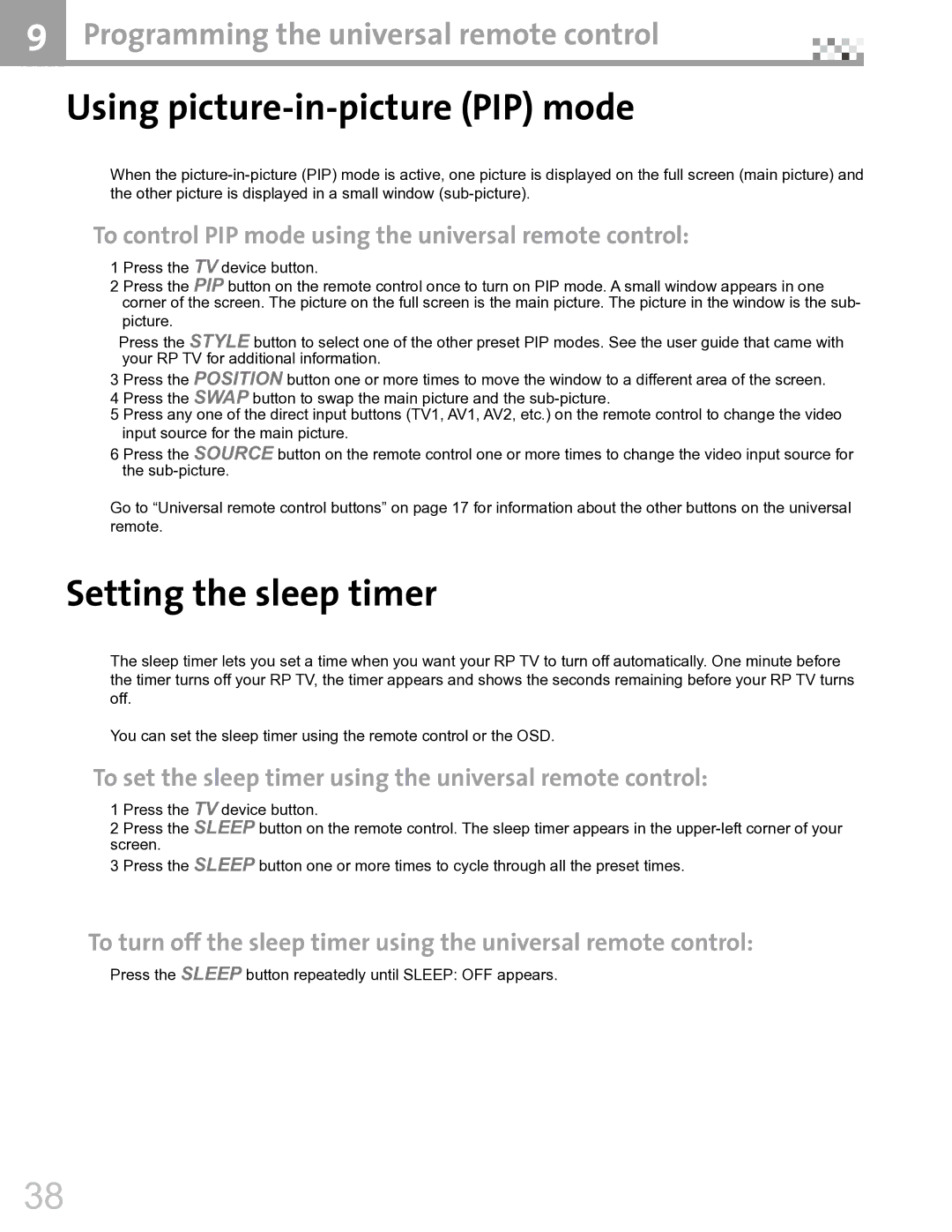 Vivitek DVR5612 manual Using picture-in-picture PIP mode, Setting the sleep timer 