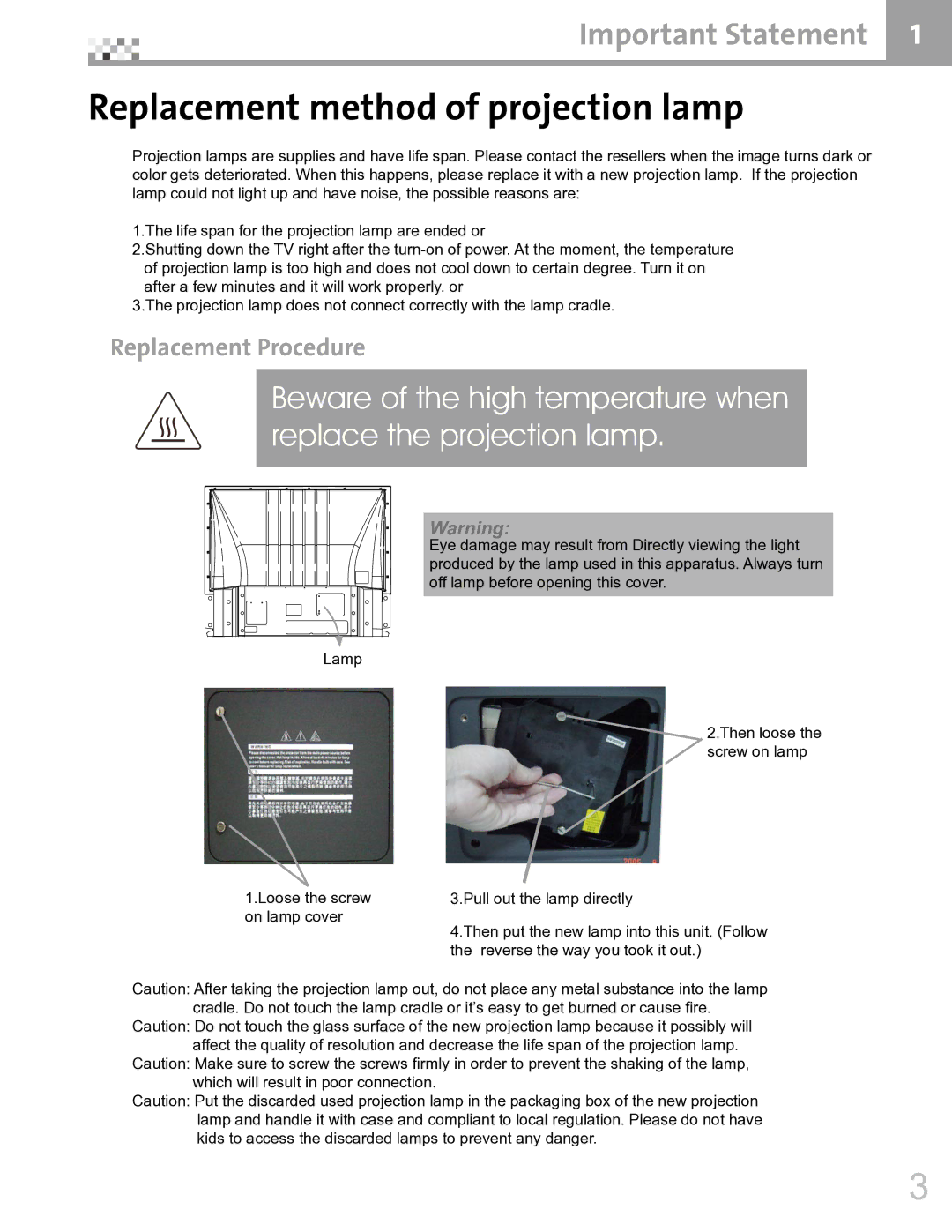 Vivitek DVR5612 manual Replacement method of projection lamp, Replacement Procedure 