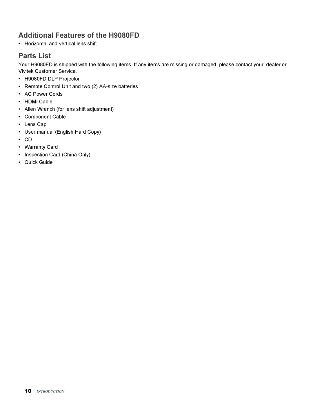 Vivitek user manual Additional Features of the H9080FD, Parts List 