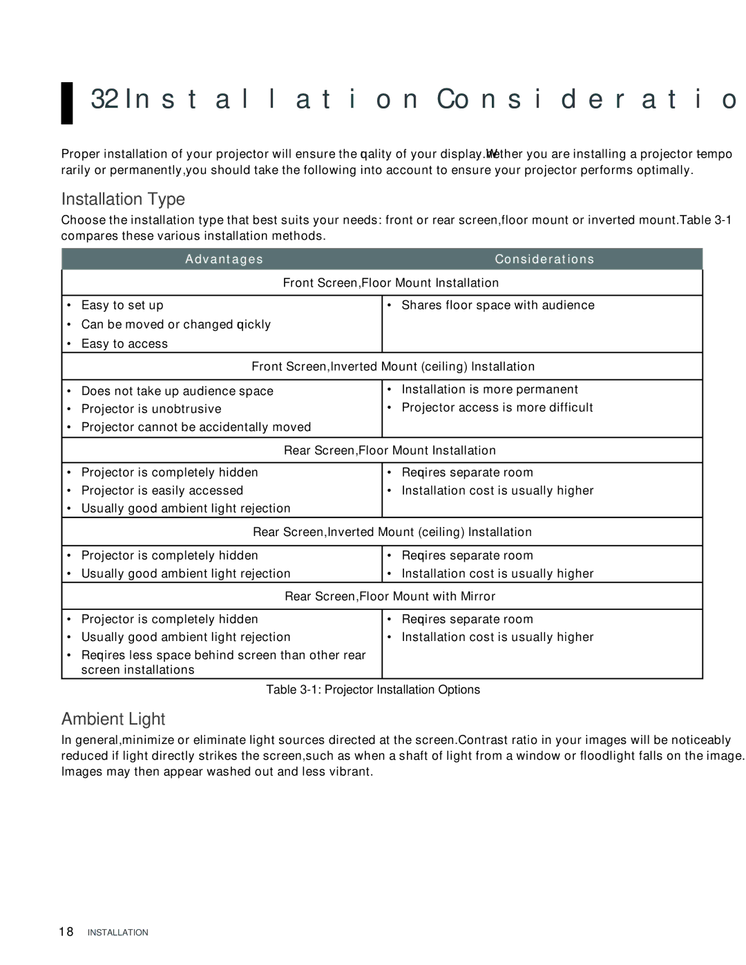 Vivitek H9080FD user manual Installation Considerations, Installation Type, Ambient Light, Advantages Considerations 