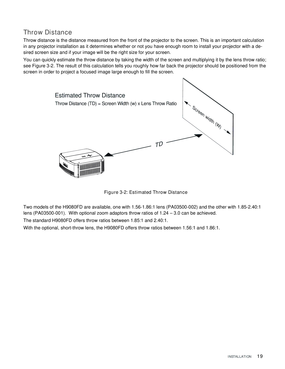 Vivitek H9080FD user manual Estimated Throw Distance 