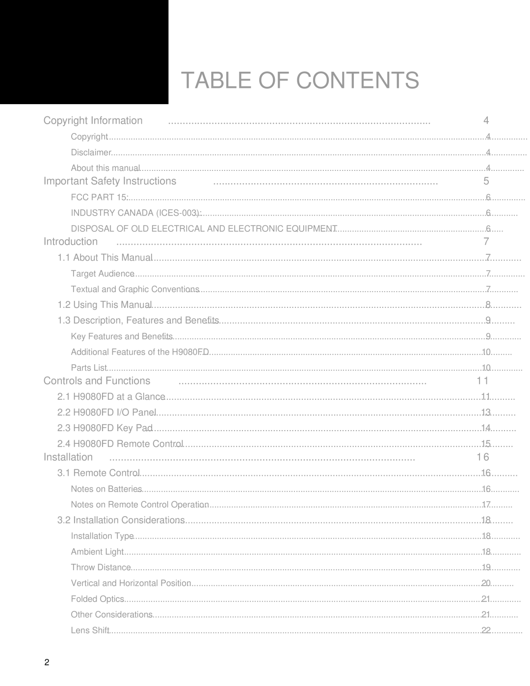 Vivitek H9080FD user manual Table of Contents 