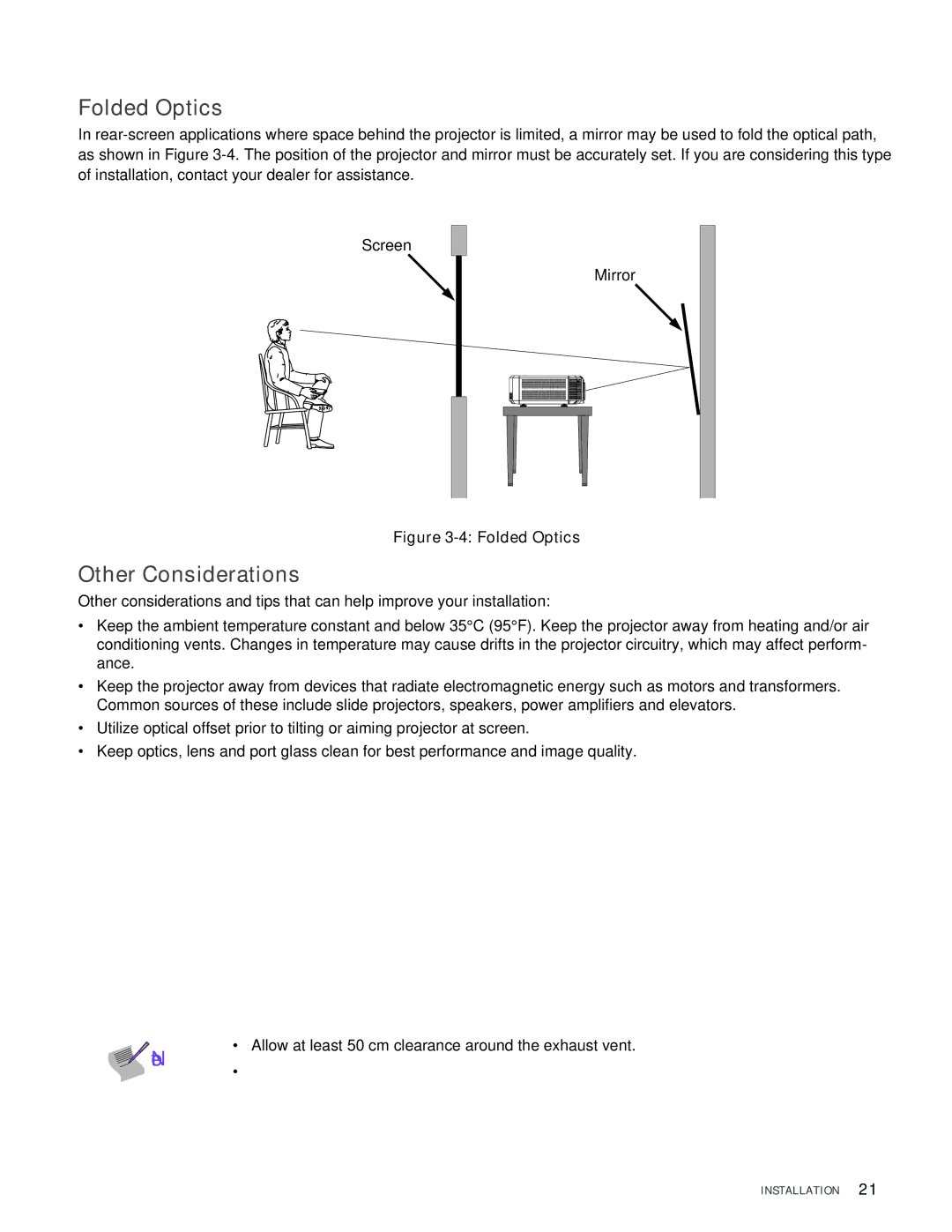 Vivitek H9080FD user manual Folded Optics, Other Considerations 