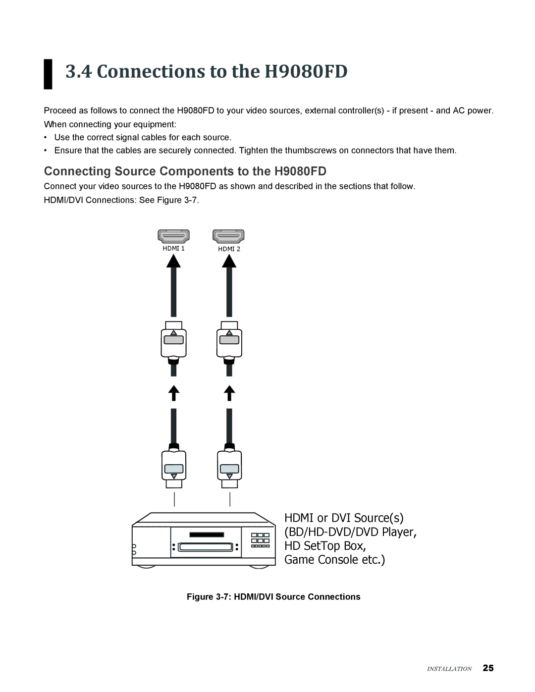 Vivitek user manual Connections to the H9080FD, Connecting Source Components to the H9080FD 