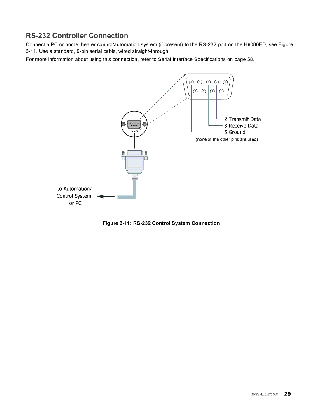 Vivitek H9080FD user manual RS-232 Controller Connection, 11 RS-232 Control System Connection 