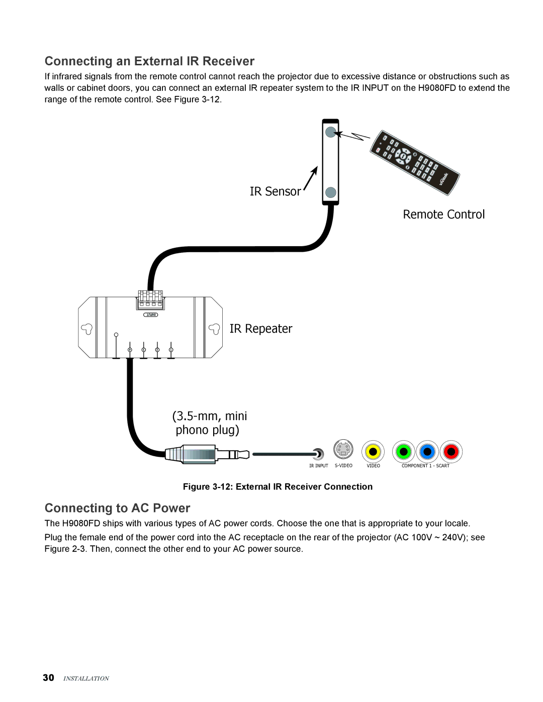 Vivitek H9080FD user manual Connecting an External IR Receiver, Connecting to AC Power 