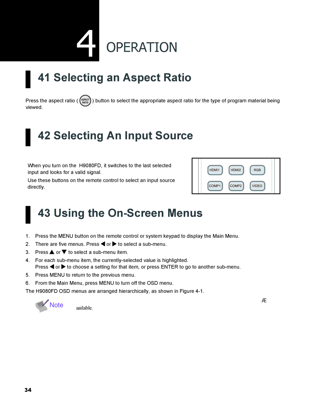 Vivitek H9080FD user manual Operation, Selecting an Aspect Ratio, Selecting An Input Source, Using the On-Screen Menus 