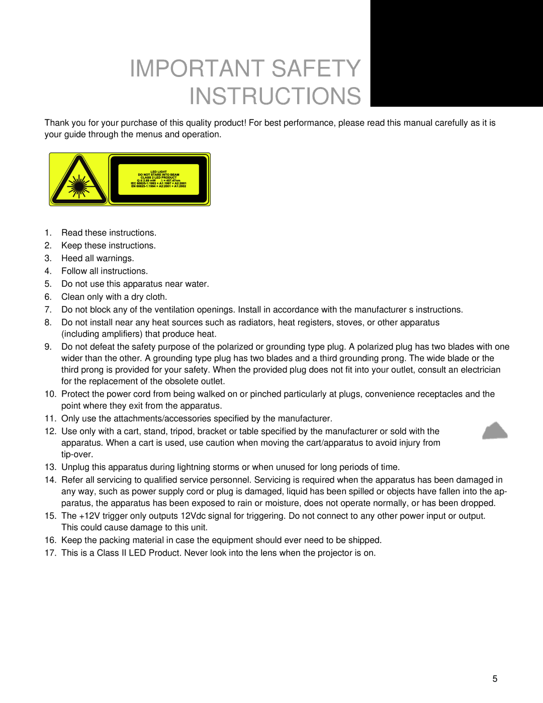 Vivitek H9080FD user manual Important Safety Instructions 