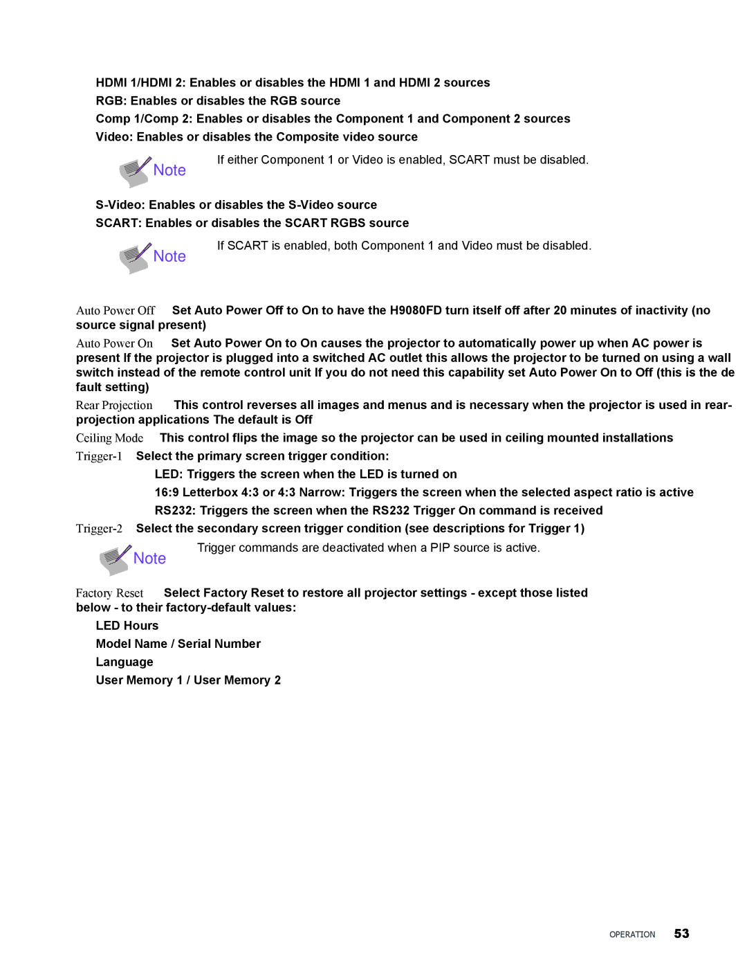 Vivitek H9080FD user manual Trigger commands are deactivated when a PIP source is active 