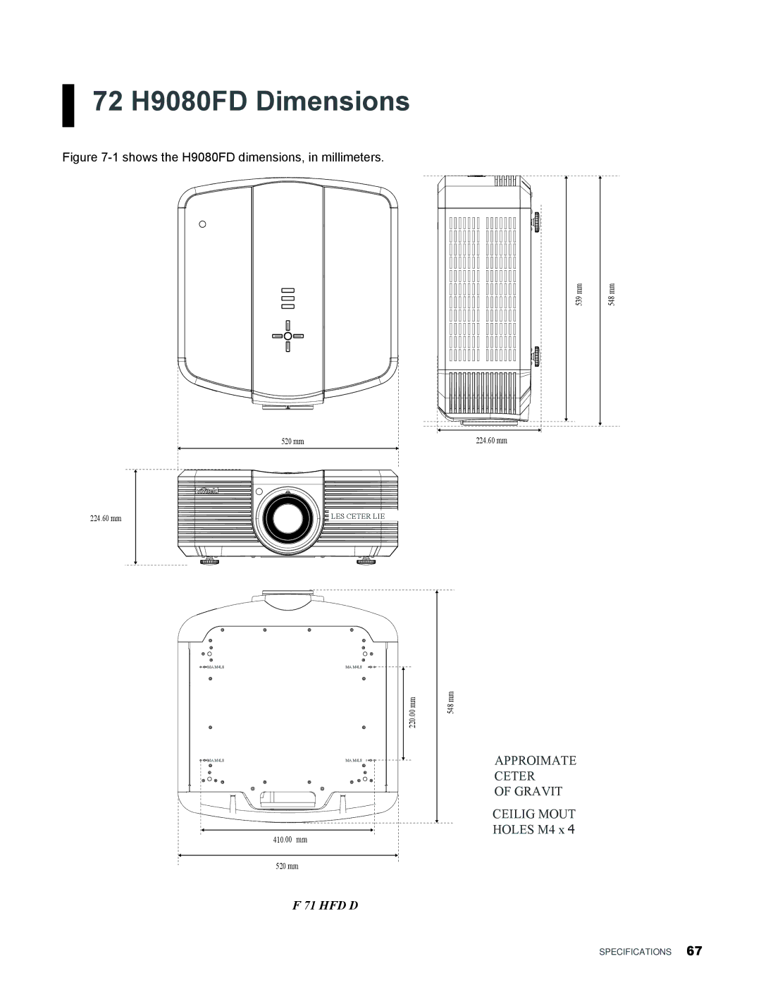 Vivitek user manual H9080FD Dimensions, Shows the H9080FD dimensions, in millimeters 