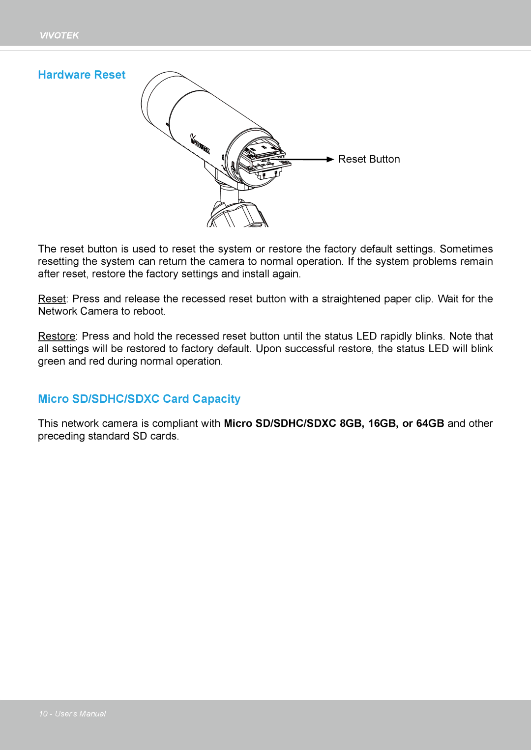 Vivitek IB8156-C user manual Hardware Reset 