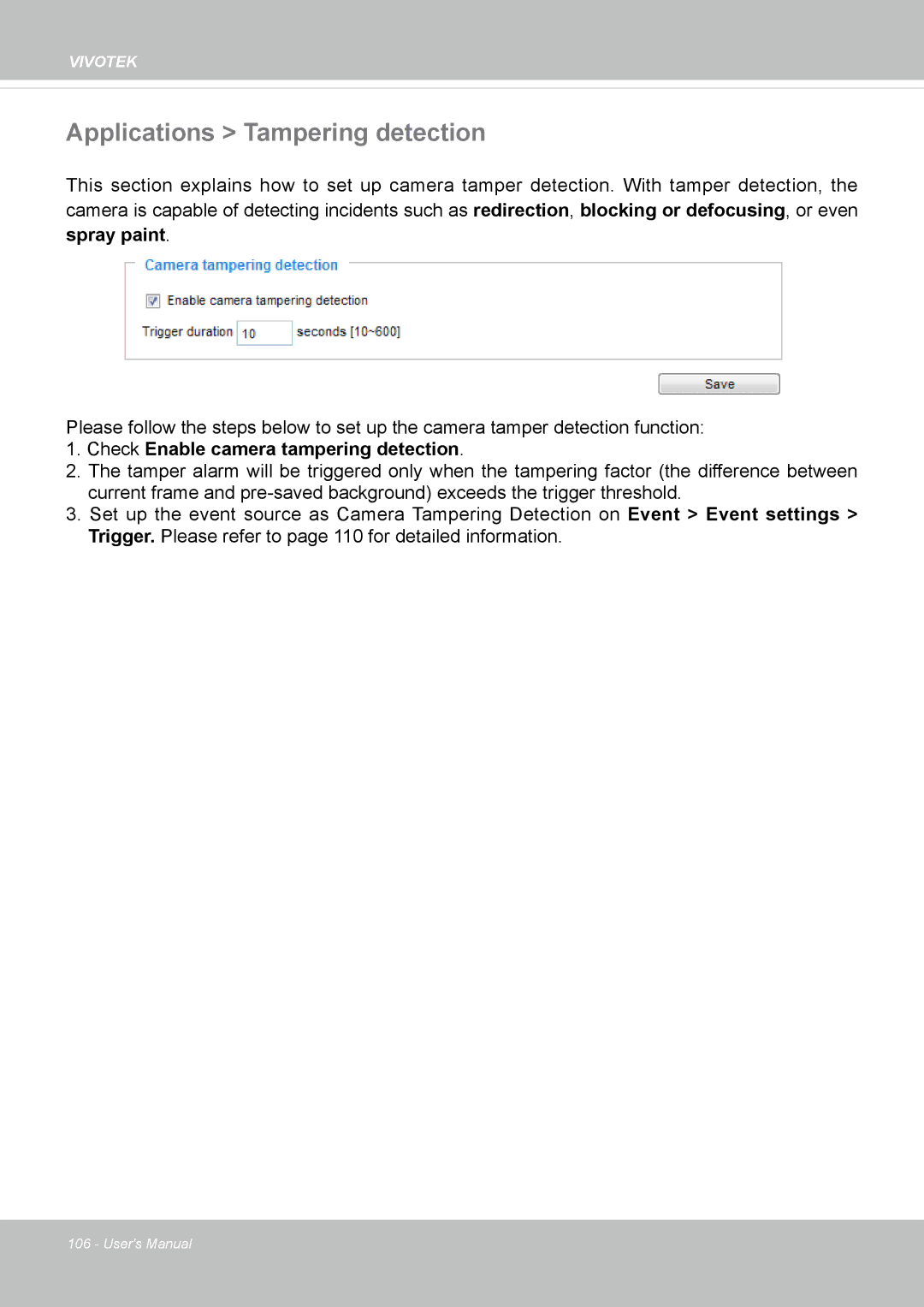 Vivitek IB8156-C user manual Applications Tampering detection, Check Enable camera tampering detection 