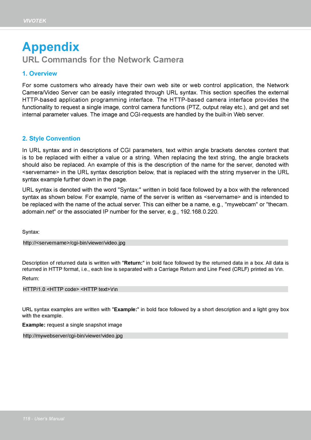 Vivitek IB8156-C user manual Appendix, URL Commands for the Network Camera 