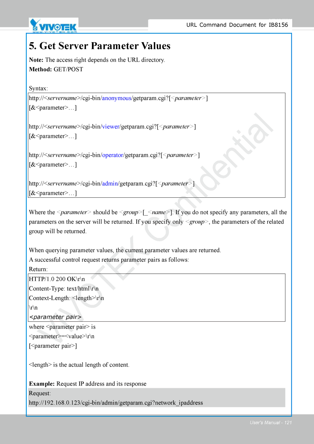 Vivitek IB8156-C user manual Get Server Parameter Values 