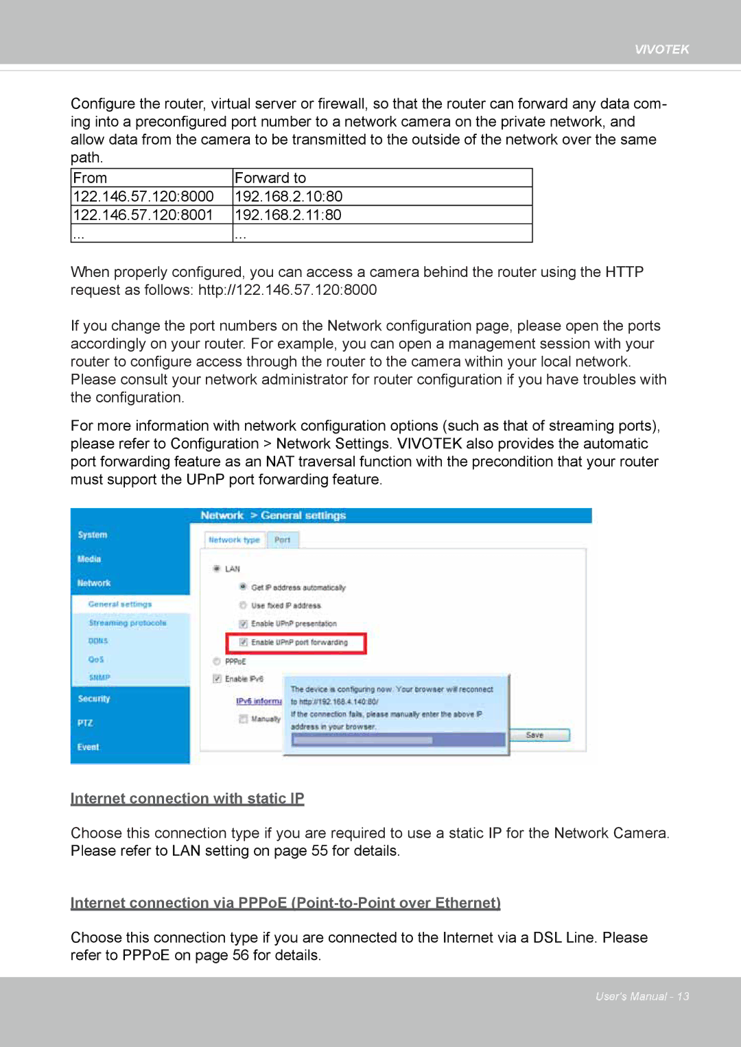 Vivitek IB8156-C user manual Internet connection with static IP 