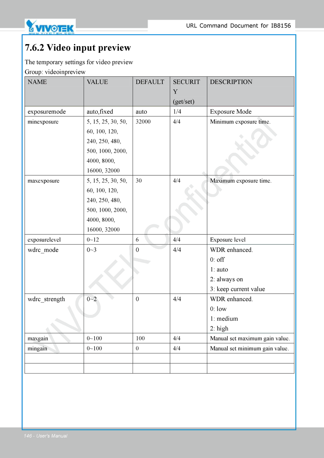 Vivitek IB8156-C user manual Video input preview, Temporary settings for video preview Group videoinpreview 