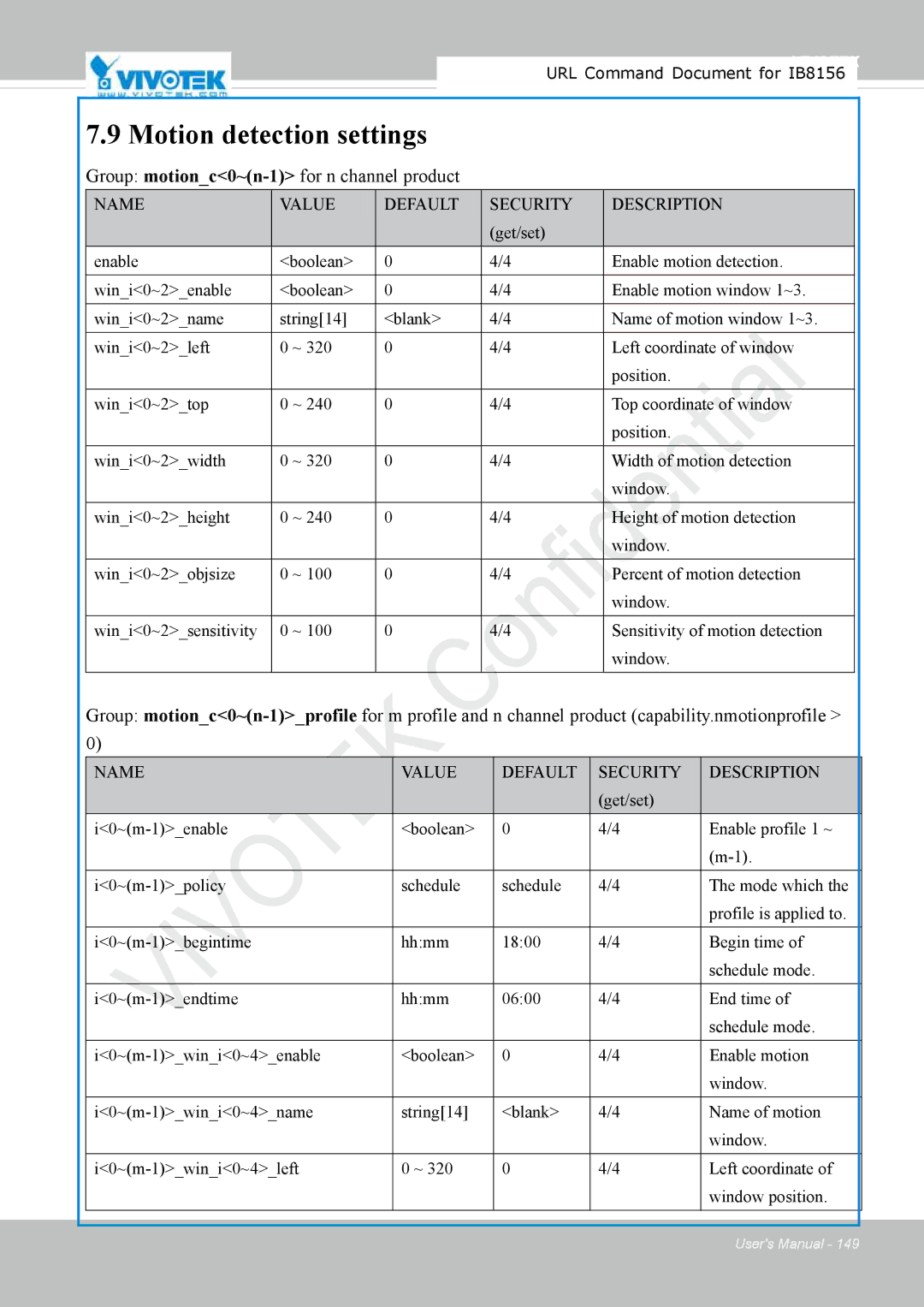 Vivitek IB8156-C user manual Motion detection settings, Group motionc0~n-1for n channel product 
