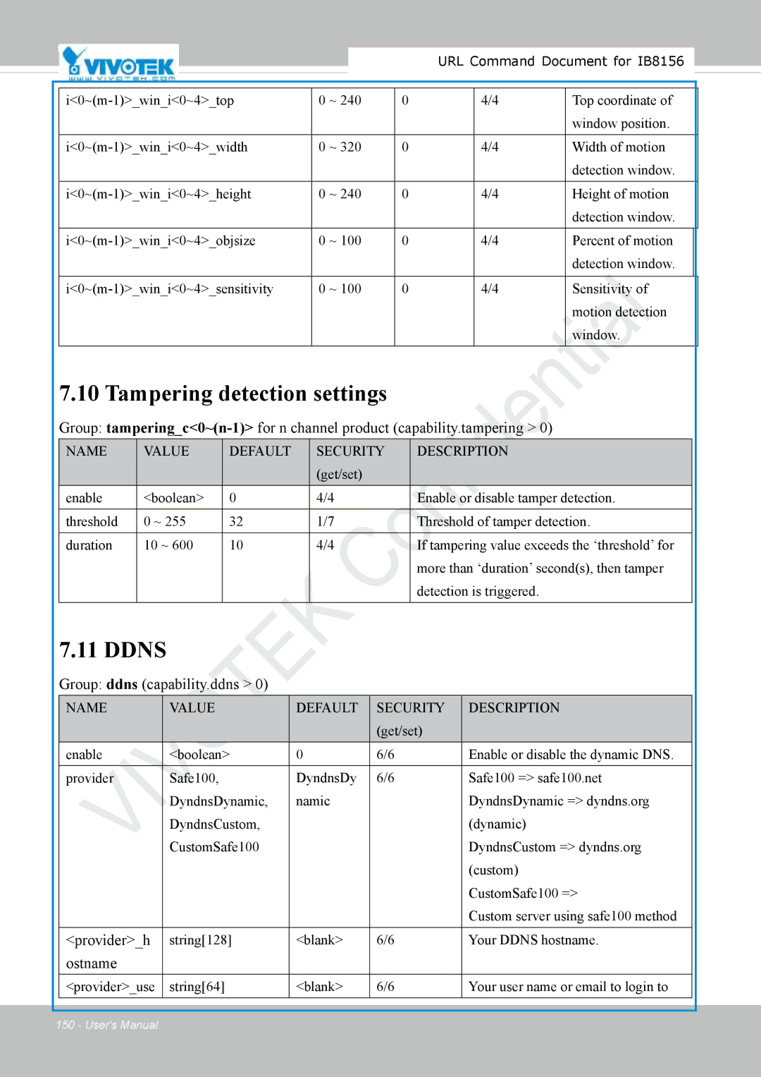 Vivitek IB8156-C user manual Tampering detection settings, Ddns, Group ddns capability.ddns, Providerh, Ostname 