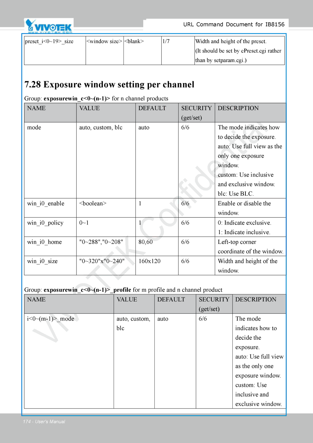 Vivitek IB8156-C user manual Exposure window setting per channel, Group exposurewinc0~n-1for n channel products 