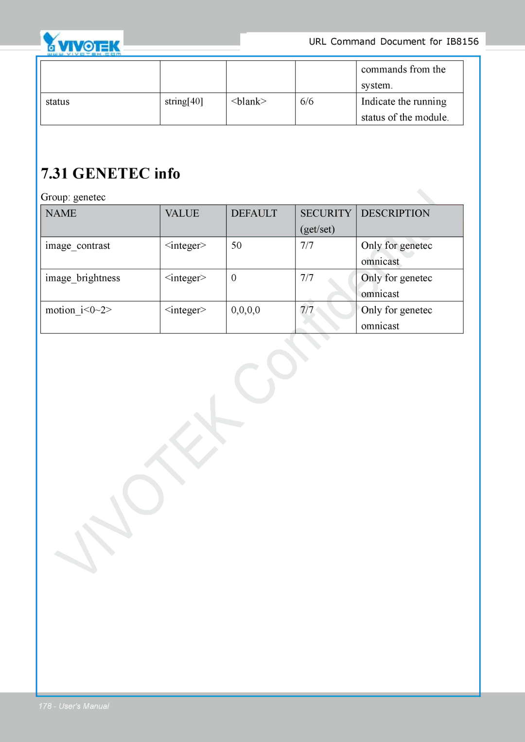 Vivitek IB8156-C Genetec info, Status Commands from System, Blank Indicate the running Status of the module, Group genetec 