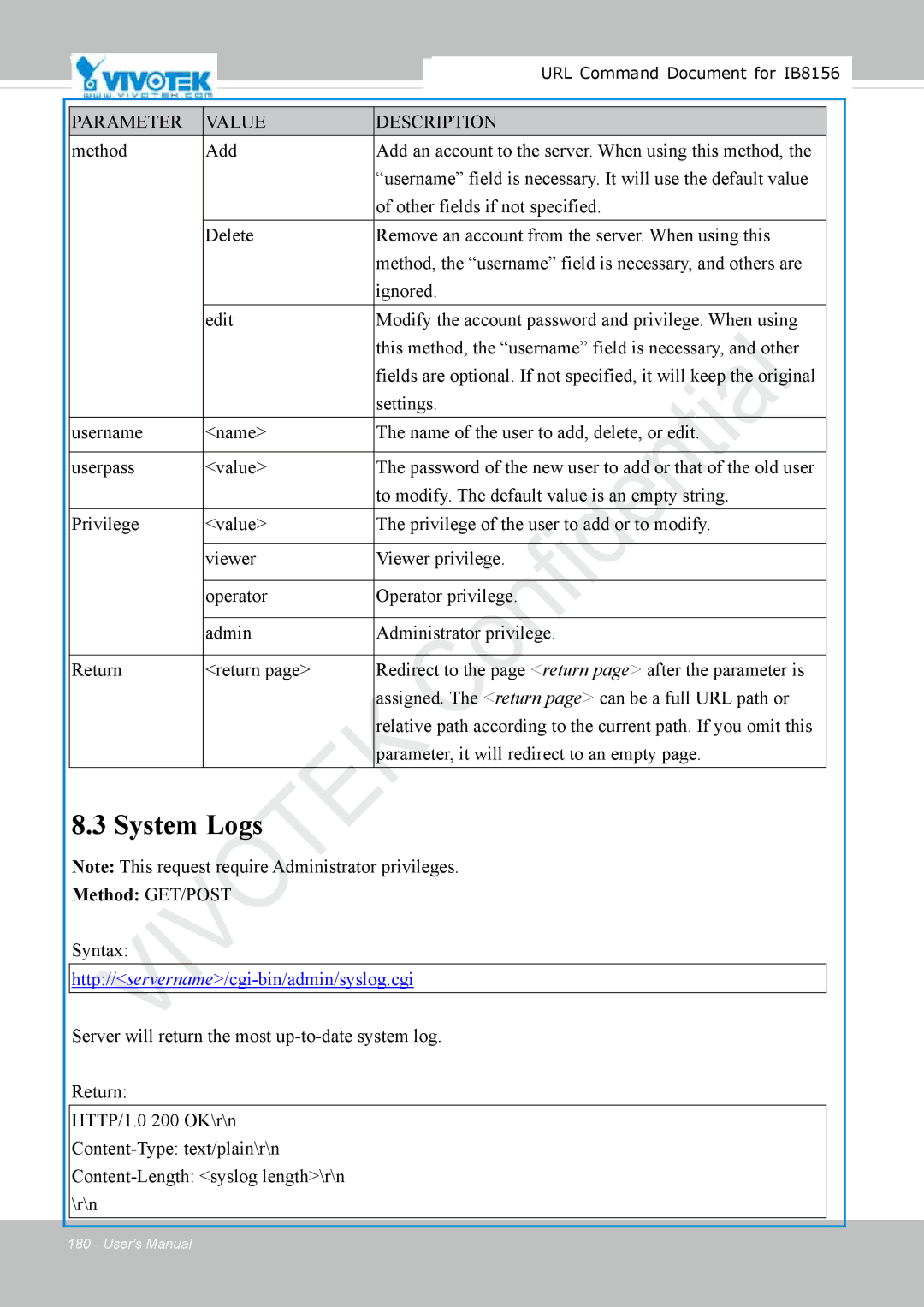 Vivitek IB8156-C user manual System Logs, Http//servername/cgi-bin/admin/syslog.cgi 