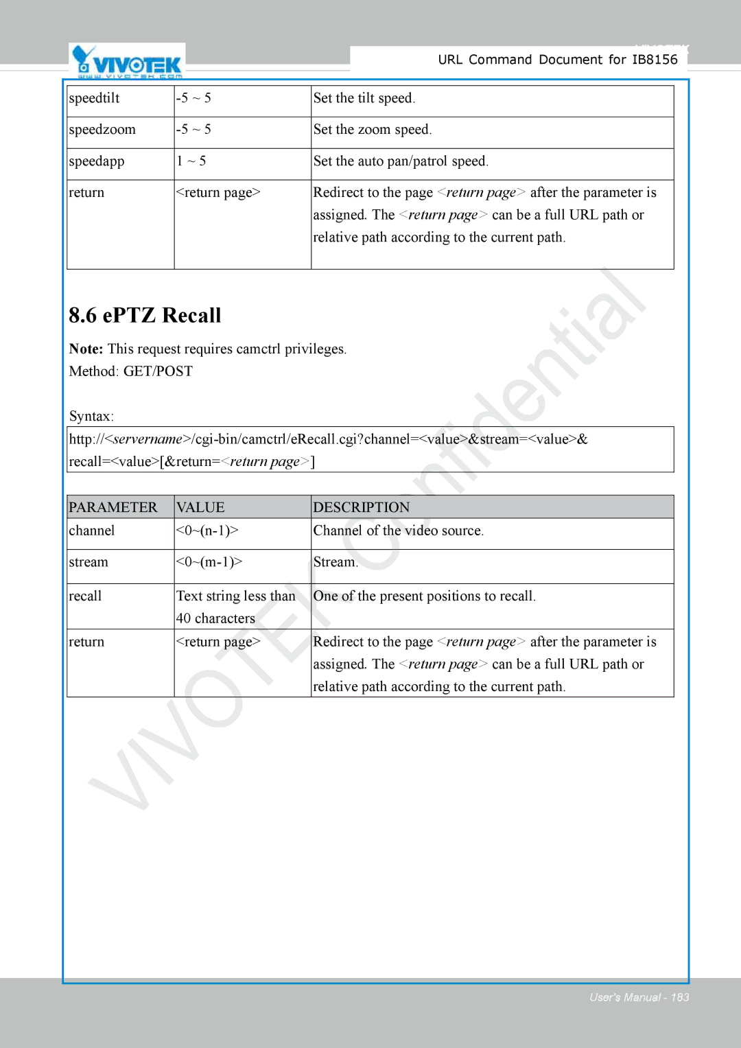 Vivitek IB8156-C user manual EPTZ Recall 