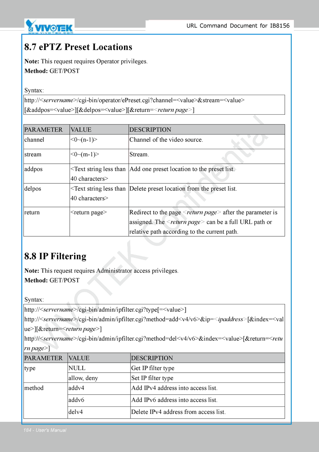 Vivitek IB8156-C user manual EPTZ Preset Locations, IP Filtering, Type, Get IP filter type 