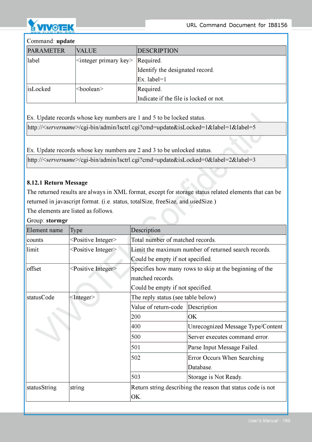 Vivitek IB8156-C user manual Command update, Return Message 