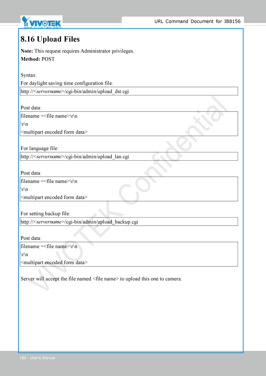 Vivitek IB8156-C user manual Upload Files, Method Post 