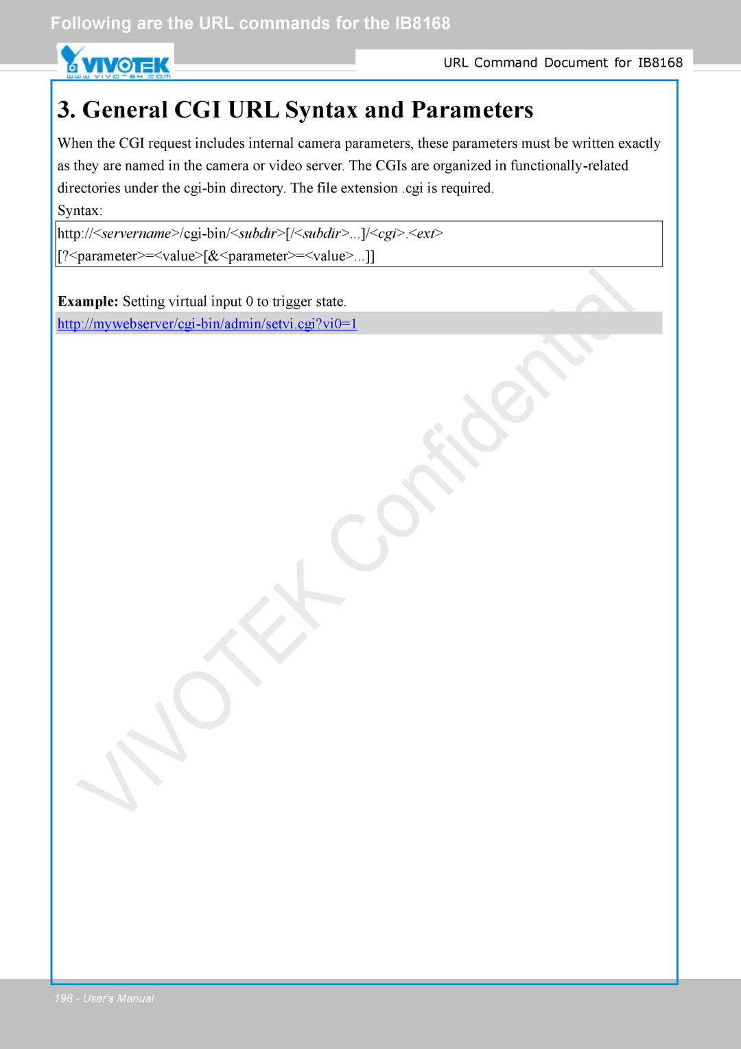 Vivitek IB8156-C user manual Following are the URL commands for the IB8168 