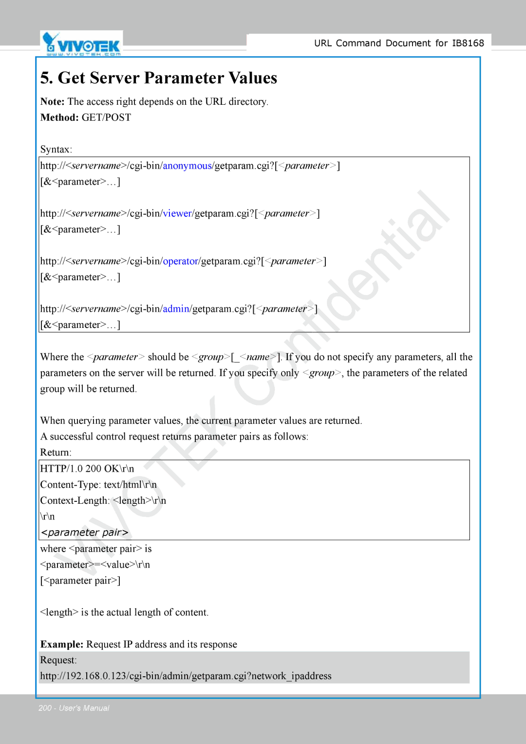 Vivitek IB8156-C user manual Get Server Parameter Values 