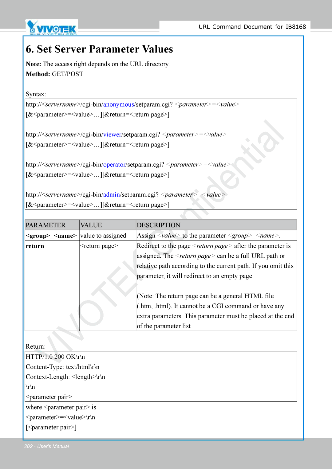 Vivitek IB8156-C user manual Set Server Parameter Values 