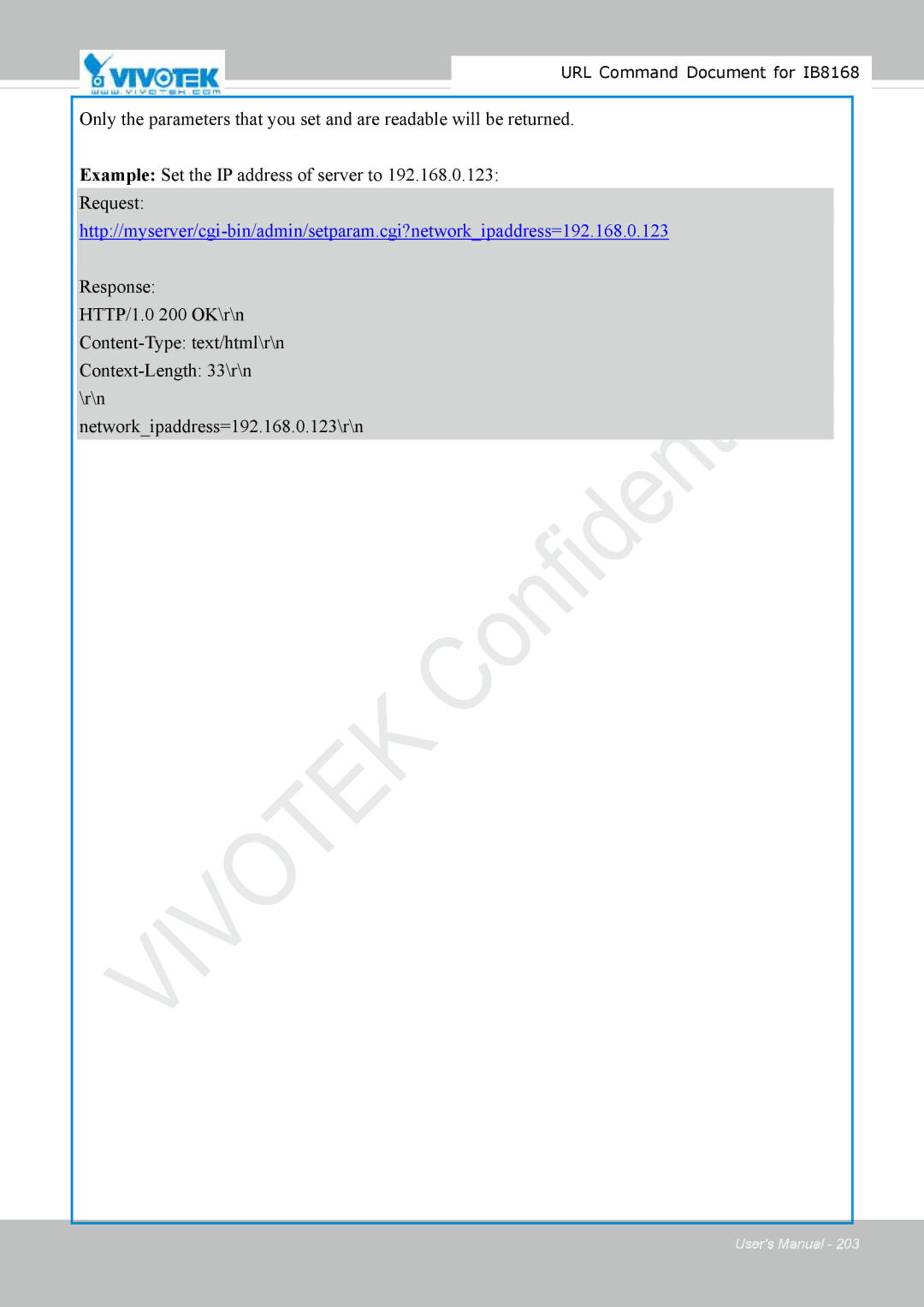 Vivitek IB8156-C user manual URL Command Document for IB8168 